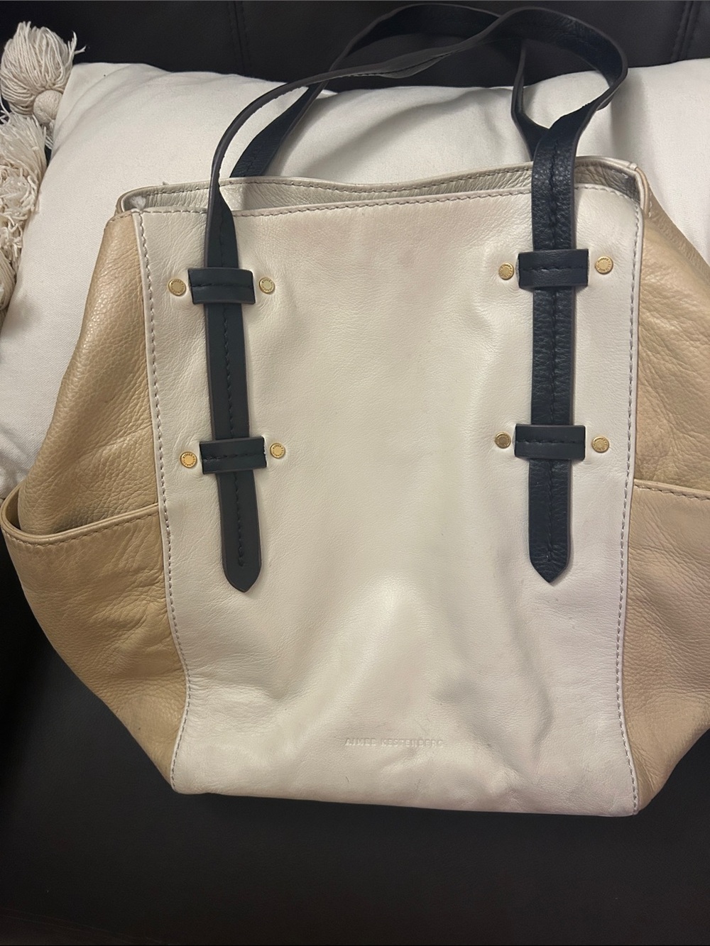 Aimee Kestenberg White & Tan Colorblock Tote with Black Straps